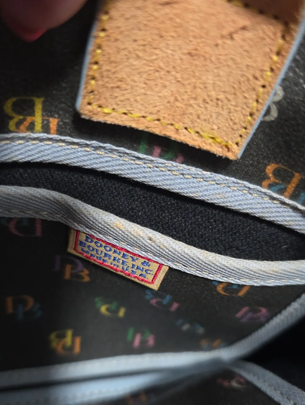 Dooney & Bourke Black Multicolor Logo Satchel with Tan Trim